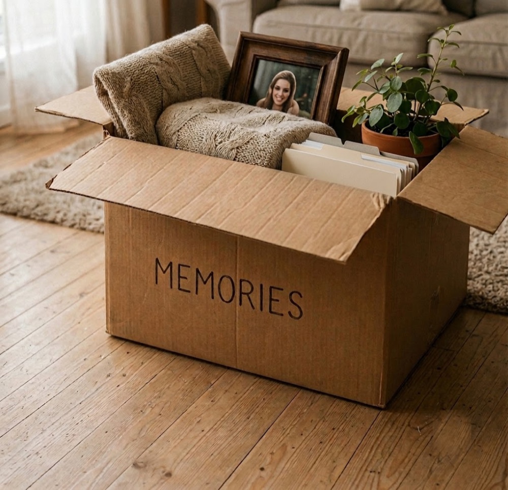 A memories box packed with keepsakes during a downsizing move